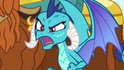 Size: 1280x720 | Tagged: angry, clenched fist, derpibooru import, dragon, dragoness, ear piercing, ember is not amused, female, furious, horns, i'll show you unpredictable, insulted, open mouth, prince rutherford, princess ember, safe, school daze, screencap, solo focus, spread wings, talking, yak