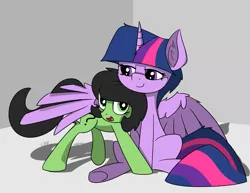Size: 1553x1200 | Tagged: safe, artist:countryroads, derpibooru import, twilight sparkle, oc, oc:anonfilly, alicorn, female, filly, happy, hug, looking at each other, mama twilight, simple background, sitting, twilight sparkle (alicorn), winghug