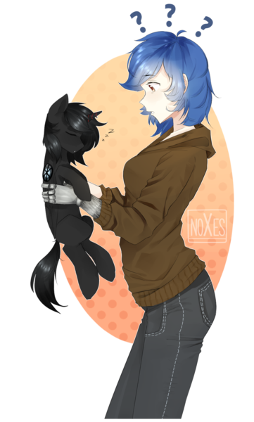 Size: 1024x1701 | Tagged: safe, artist:chloeprice228, derpibooru import, oc, unofficial characters only, human, pony, confused, cute, duo, holding a pony, prosthetic limb, prosthetics, simple background, sleeping, transparent background, zzz