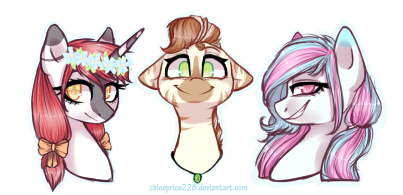 Size: 1024x495 | Tagged: safe, artist:chloeprice228, derpibooru import, oc, unofficial characters only, unicorn, zebra, bust, floral head wreath, flower, looking at you, portrait, simple background, transparent background, trio, zebra oc