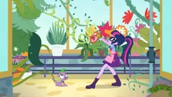Size: 2208x1242 | Tagged: safe, derpibooru import, screencap, sci-twi, spike, spike the regular dog, twilight sparkle, dog, equestria girls, equestria girls series, my little shop of horrors, apron, boots, cactus, celestia's house, clothes, flower, glasses, gloves, greenhouse, magic, plant, plants, ponytail, potted plant, pulling, shoes, vine, watering can