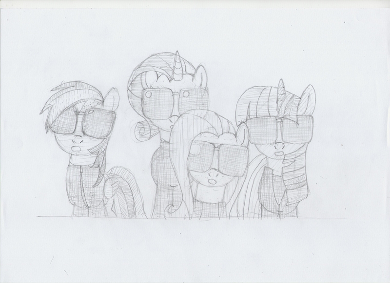 Size: 3510x2550 | Tagged: artist:sparklesk, clothes, cosplay, costume, depeche mode, derpibooru import, fluttershy, monochrome, rainbow dash, rarity, safe, scanned, strangelove (music video), sunglasses, traditional art, twilight sparkle