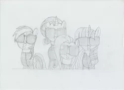 Size: 3510x2550 | Tagged: artist:sparklesk, clothes, cosplay, costume, depeche mode, derpibooru import, fluttershy, monochrome, rainbow dash, rarity, safe, scanned, strangelove (music video), sunglasses, traditional art, twilight sparkle