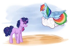 Size: 1024x671 | Tagged: safe, artist:chloeprice228, derpibooru import, rainbow dash, twilight sparkle, pegasus, pony, unicorn, friendship is magic, annoyed, cloud, duo, duo female, female, frizzy hair, glare, mare, scene interpretation, simple background, transparent background, twilight is not amused, unamused, unicorn twilight