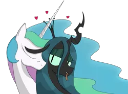 Size: 1461x1074 | Tagged: safe, artist:moonatik, derpibooru import, princess celestia, queen chrysalis, chryslestia, cute, cutealis, eyeshadow, fangs, female, gift art, heart, lesbian, love, makeup, shipping, simple background, tongue out, transparent background