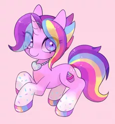 Size: 546x591 | Tagged: safe, artist:lemonheart, derpibooru import, oc, pony, unicorn, cute, female, hair over one eye, jewelry, looking at you, mare, necklace, ocbetes, pink background, rainbow hair, rainbow tail, simple background, smiling, solo, sparkles