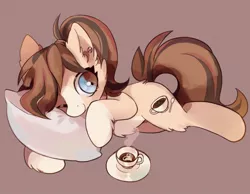 Size: 690x536 | Tagged: safe, artist:lemonheart, derpibooru import, oc, unofficial characters only, earth pony, pony, coffee, cream art, female, heart, looking at you, lying down, mare, one eye closed, pillow, simple background, solo