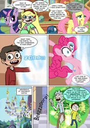 Size: 600x850 | Tagged: safe, artist:imbriaart, derpibooru import, angel bunny, fluttershy, pinkie pie, twilight sparkle, twilight sparkle (alicorn), alicorn, human, pegasus, pony, rabbit, comic:magic princess war, canterlot castle, clothes, comic, crossover, marco diaz, morty smith, rick and morty, rick sanchez, star butterfly, star vs the forces of evil