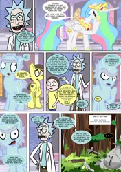 Size: 600x850 | Tagged: suggestive, artist:imbriaart, derpibooru import, princess celestia, ponified, alicorn, earth pony, human, pony, comic:magic princess war, bill cipher, clothes, comic, crossover, gravity falls, hilarious in hindsight, implied interspecies, morty smith, portal gun (rick and morty), rick and morty, rick sanchez, self ponidox, this will end in chaos, weirdmageddon 3: take back the falls