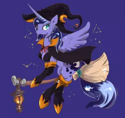 Size: 1280x1201 | Tagged: alicorn, anthro, arm hooves, artist:grimbloody, breasts, broom, cape, cleavage, clothes, colored pupils, constellation, derpibooru import, female, flying, flying broomstick, lantern, looking at you, mare, princess luna, purple background, safe, signature, simple background, smiling, solo, unguligrade anthro, witch