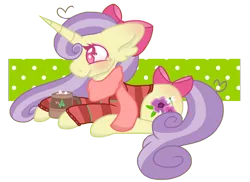 Size: 2048x1494 | Tagged: safe, artist:chococakebabe, derpibooru import, oc, oc:meadow blossom, unofficial characters only, pony, unicorn, bow, chocolate, clothes, female, food, hair bow, hot chocolate, mare, prone, scarf, simple background, solo, sweater, transparent background