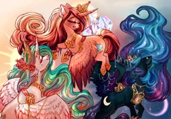 Size: 1900x1325 | Tagged: safe, artist:segraece, derpibooru import, princess cadance, princess celestia, princess luna, alicorn, pony, alicorn triarchy, crystal, cutie mark, eyes closed, female, floral head wreath, flower, flying, freckles, heart, horn, jewelry, mare, moon, regalia, smiling, spread wings, sun, trio, wings