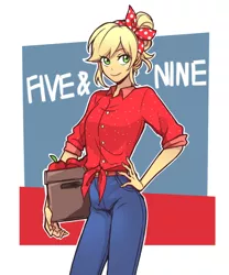 Size: 1000x1200 | Tagged: safe, artist:dcon, derpibooru import, applejack, equestria girls, equestria girls series, five to nine, apple, box, clothes, food, hand on hip, jeans, looking at you, pants, smiling, solo