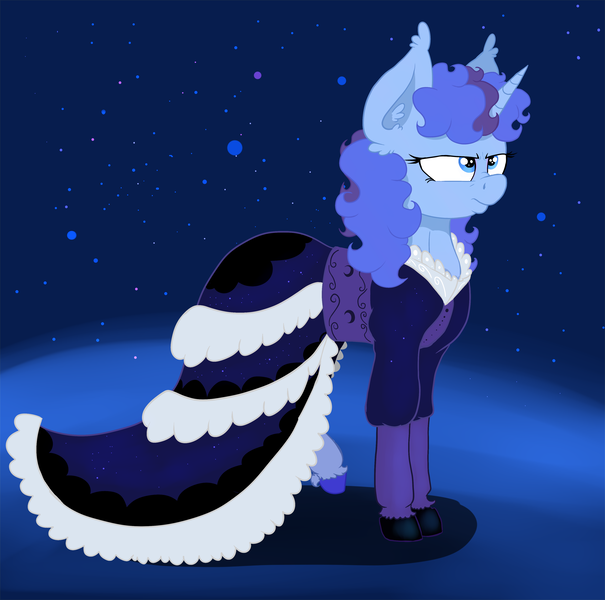 Size: 3732x3704 | Tagged: safe, artist:paskanaakka, derpibooru import, oc, oc:midnight dew, unofficial characters only, unicorn, clothes, colored hooves, dress, ear fluff, female, grumpy, mare, night, nose wrinkle, solo, stars, unshorn fetlocks
