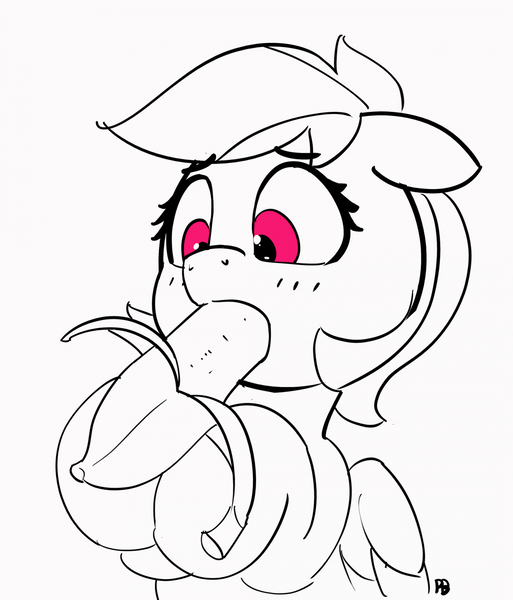 Size: 1280x1497 | Tagged: suggestive, artist:pabbley, derpibooru import, rainbow dash, pegasus, pony, 30 minute art challenge, banana, bananajob, blushing, female, food, implied blowjob, implied oral, implied sex, mare, partial color, simple background, solo, suggestive eating, white background