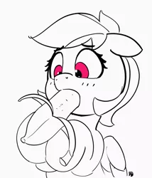 Size: 1280x1497 | Tagged: suggestive, artist:pabbley, derpibooru import, rainbow dash, pegasus, pony, 30 minute art challenge, banana, bananajob, blushing, female, food, implied blowjob, implied oral, implied sex, mare, partial color, simple background, solo, suggestive eating, white background