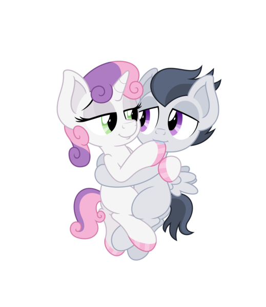 Size: 4331x5006 | Tagged: safe, anonymous artist, derpibooru import, rumble, sweetie belle, pegasus, pony, unicorn, absurd resolution, colt, cuddling, female, fetish, filly, foal, hoof fetish, hoof polish, hoof sucking, hug, male, nail polish, rumbelle, shipping, simple background, straight, transparent background