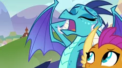 Size: 1280x720 | Tagged: claws, covering ears, derpibooru import, dragon, dragoness, drama queen, duo, eyes closed, female, giving in, hands on head, horns, humorus, looking up, obscured face, open mouth, princess ember, raised eyebrow, safe, school daze, screencap, smolder, solo focus, spread wings, teenaged dragon, teenager, wings, yelling