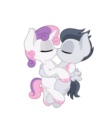 Size: 4331x5006 | Tagged: safe, anonymous artist, derpibooru import, rumble, sweetie belle, pegasus, pony, unicorn, absurd resolution, colt, cuddling, female, filly, foal, hoof polish, hug, kissing, male, nail polish, rumbelle, shipping, simple background, straight, transparent background