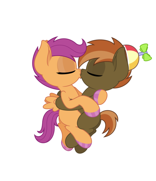 Size: 4331x5006 | Tagged: safe, anonymous artist, derpibooru import, button mash, scootaloo, earth pony, pegasus, pony, absurd resolution, colt, cuddling, female, filly, foal, hoof polish, hug, kissing, male, nail polish, scootamash, shipping, simple background, straight, transparent background
