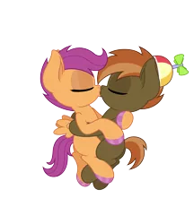 Size: 4331x5006 | Tagged: safe, anonymous artist, derpibooru import, button mash, scootaloo, earth pony, pegasus, pony, absurd resolution, colt, cuddling, female, filly, foal, hoof polish, hug, kissing, male, nail polish, scootamash, shipping, simple background, straight, transparent background