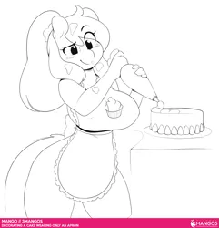 Size: 965x1000 | Tagged: suggestive, artist:3mangos, derpibooru import, oc, oc:mango, unofficial characters only, anthro, earth pony, anthro oc, apron, baking, big breasts, blushing, breasts, cake, clothes, female, food, frosting, looking down, mare, messy, messy mane, monochrome, naked apron, partial nudity, raised eyebrow, sketch, smiling, solo, solo female