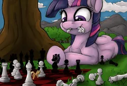 Size: 965x657 | Tagged: safe, artist:royalagate, artist:tsitra360, color edit, derpibooru import, edit, applejack, lyra heartstrings, twilight sparkle, pony, unicorn, appletini, chess, chessboard, chessboard incorrectly oriented, colored, duo, micro, mountain, mountain range, mouth hold, shading edit, tree