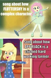Size: 643x984 | Tagged: safe, artist:kuco, artist:root, derpibooru import, edit, edited screencap, screencap, applejack, fluttershy, equestria girls, equestria girls series, five to nine, so much more to me, clothes, cute, dress, female, image macro, meme, microphone, onesie, pantyhose, shyabetes, singing, text, tights
