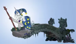 Size: 1000x580 | Tagged: safe, artist:pixelkitties, derpibooru import, star swirl the bearded, pony, unicorn, armor, beard, bridge, facial hair, gandalf the grey, lord of the rings, male, solo, staff, stallion, statue, the fellowship of the ring, you shall not pass