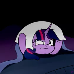 Size: 1200x1200 | Tagged: safe, artist:yakoshi, derpibooru import, twilight sparkle, pony, 30 minute art challenge, angry, bed, insomnia, pillow, solo, twilight is not amused, unamused