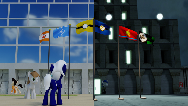 Size: 3840x2160 | Tagged: 3d, alternate equestrian flag, artist:deloreandudetommy, blender, derpibooru import, flag, oc, oc:denzel, oc:genesis swift, oc:setting sun, oc:supersaw, outdoors, part of a set, safe, series:night and day, unofficial characters only