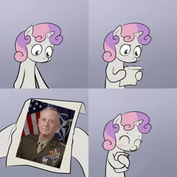 Size: 1024x1024 | Tagged: safe, derpibooru import, sweetie belle, human, pony, unicorn, american flag, blushing, clothes, comic, exploitable meme, happy, hug, irl, irl human, james mattis, meme, note, obligatory pony, photo, smiling, sweetie hugs a note, sweetie's note meme, uniform