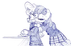 Size: 896x580 | Tagged: safe, artist:shoeunit, derpibooru import, cheerilee, sugar belle, earth pony, pony, semi-anthro, unicorn, blushing, clothes, female, kissing, lesbian, mare, rolling pin, school uniform, shipping, sugarlee, traditional art