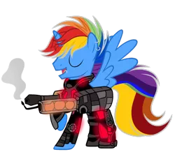 Size: 1024x934 | Tagged: safe, artist:mintoria, derpibooru import, oc, oc:rainbowblazie, alicorn, pony, alicorn oc, male, powered exoskeleton, simple background, solo, stallion, transparent background, weapon