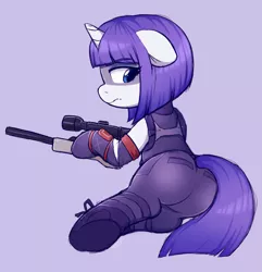 Size: 1801x1871 | Tagged: suggestive, artist:moozua, derpibooru import, rarity, pony, unicorn, alternate hairstyle, female, floppy ears, fortnite, gun, hooves, horn, looking back, lying down, mare, optical sight, plot, rifle, shadow ops, simple background, sniper rifle, solo, solo female, weapon