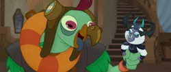 Size: 1920x804 | Tagged: safe, derpibooru import, screencap, murdock, storm king, anthro, parrot, parrot pirates, my little pony: the movie, bobblehead, derp, pirate, prosthetic beak, tongue out, toy