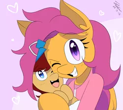 Size: 1550x1380 | Tagged: safe, artist:jase1505, deleted from derpibooru, derpibooru import, scootaloo, oc, oc:lightning blitz, pony, comic:ask motherly scootaloo, baby, baby pony, colt, cute, female, hairpin, holding a pony, looking at you, male, mother and son, motherly scootaloo, offspring, older, older scootaloo, one eye closed, parent:rain catcher, parent:scootaloo, parents:catcherloo, smiling, sweatshirt, wink