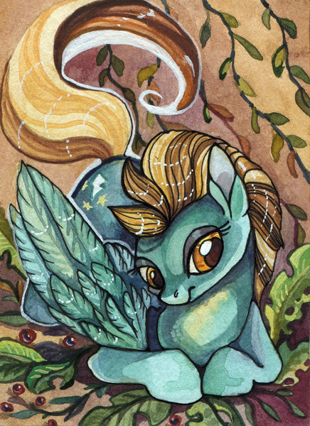 Size: 1516x2088 | Tagged: safe, artist:missopeho, derpibooru import, lightning dust, pegasus, pony, aceo, female, mare, plant, prone, solo, traditional art, watercolor painting