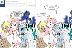 Size: 1204x800 | Tagged: safe, artist:dekomaru, derpibooru import, princess celestia, princess luna, oc, oc:cloudtrail, oc:dazzle, oc:iniduoh, alicorn, earth pony, pegasus, pony, unicorn, gamer luna, princess molestia, tumblr:ask twixie, ask, comic, magic, male, stallion, tumblr