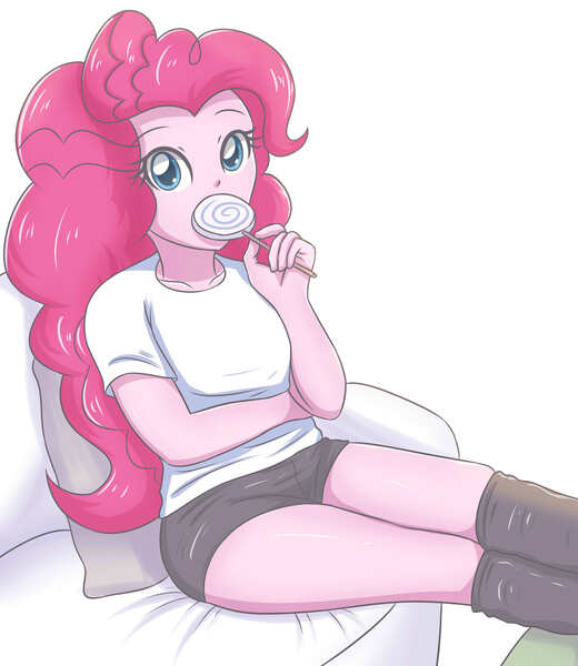 Size: 3377x3896 | Tagged: safe, artist:sumin6301, derpibooru import, pinkie pie, equestria girls, armchair, candy, clothes, cute, diapinkes, female, food, high res, lollipop, looking at you, shorts, simple background, solo, thighs, white background