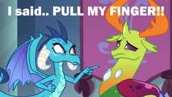 Size: 1920x1080 | Tagged: caption, changedling, changeling, derpibooru import, dragon, edit, edited screencap, fart joke, female, implied farting, king thorax, male, pointing, princess ember, pull my finger, safe, school daze, screencap, screencap comic, scrunchy face, the simpsons, thorax