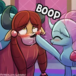 Size: 750x750 | Tagged: suggestive, artist:lumineko, derpibooru import, ocellus, yona, changedling, changeling, yak, school daze, :o, :p, ahegao, blushing, boop, boopgasm, cute, duo, eyes closed, female, floppy ears, lewd, nose wrinkle, open mouth, silly, smiling, tongue out, wide eyes