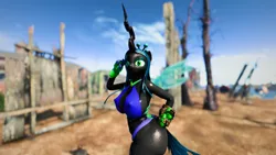 Size: 1920x1080 | Tagged: suggestive, artist:evan555alpha, derpibooru import, queen chrysalis, anthro, 3d, armor, big breasts, bikini, bikini bottom, bikini top, boots, bra, breasts, busty queen chrysalis, clothes, crown, fallout, fallout 4, female, girdle, gloves, hair, hand on head, hand on hip, huge breasts, jewelry, latex, looking at you, peytral, pipboy, regalia, shoes, sideboob, side view, socks, solo, solo female, swimsuit, thigh highs, thunder thighs, tights, unconvincing armor, underwear