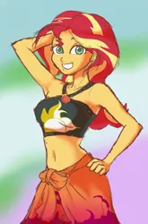 Size: 710x1075 | Tagged: safe, artist:noupu, derpibooru import, sunset shimmer, equestria girls, equestria girls series, forgotten friendship, arm behind head, armpits, belly button, bikini, bikini top, clothes, cute, female, geode of empathy, looking at you, midriff, pose, shimmerbetes, smiling, swimsuit