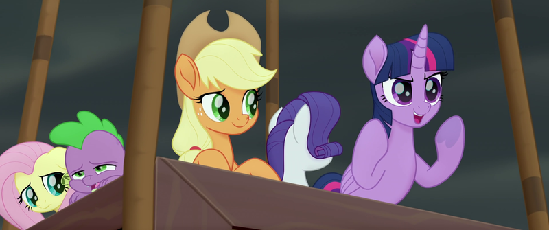 Size: 1920x804 | Tagged: safe, derpibooru import, screencap, applejack, fluttershy, rarity, spike, twilight sparkle, twilight sparkle (alicorn), alicorn, dragon, earth pony, pegasus, pony, unicorn, my little pony: the movie, airsick, happy, motion sickness, open mouth, proud, raised hooves, sad, underhoof