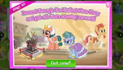 Size: 892x511 | Tagged: safe, derpibooru import, official, mrs. trotsworth, somnambula, earth pony, pegasus, pony, advertisement, gameloft, limited-time story