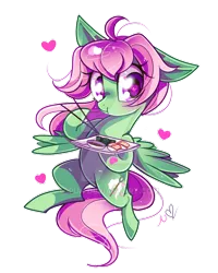 Size: 600x750 | Tagged: safe, artist:ipun, derpibooru import, oc, oc:spectral wind, unofficial characters only, pegasus, pony, chopsticks, dexterous hooves, female, food, heart eyes, mare, ponies eating meat, simple background, solo, sushi, transparent background, watermark, wingding eyes