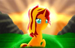 Size: 1280x817 | Tagged: artist:tlmoonguardian, crepuscular rays, cutie mark, derpibooru import, glowy, grass, looking at you, mountain, safe, sunset shimmer