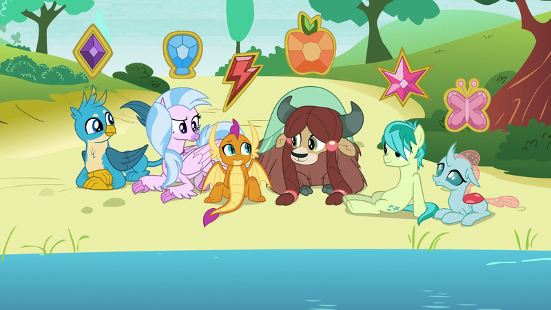 Size: 1920x1080 | Tagged: safe, derpibooru import, edit, edited screencap, screencap, gallus, ocellus, sandbar, silverstream, smolder, yona, changedling, changeling, classical hippogriff, dragon, earth pony, gryphon, hippogriff, pony, yak, school daze, cloven hooves, element of generosity, element of honesty, element of kindness, element of laughter, element of loyalty, element of magic, elements of harmony, female, group, male, stallion, student six