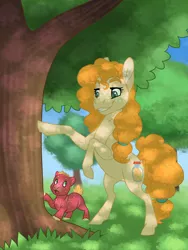 Size: 1200x1600 | Tagged: safe, artist:jackiebloom, derpibooru import, big macintosh, pear butter, earth pony, pony, baby, baby pony, colt, dappled sunlight, duo, female, foal, male, mare, mother and son, rearing, tree, younger